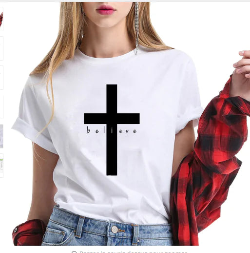 Cross T-Shirt with English Letters - "Believe"