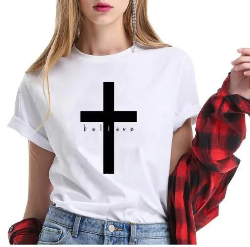 Cross T-Shirt with English Letters - "Believe"