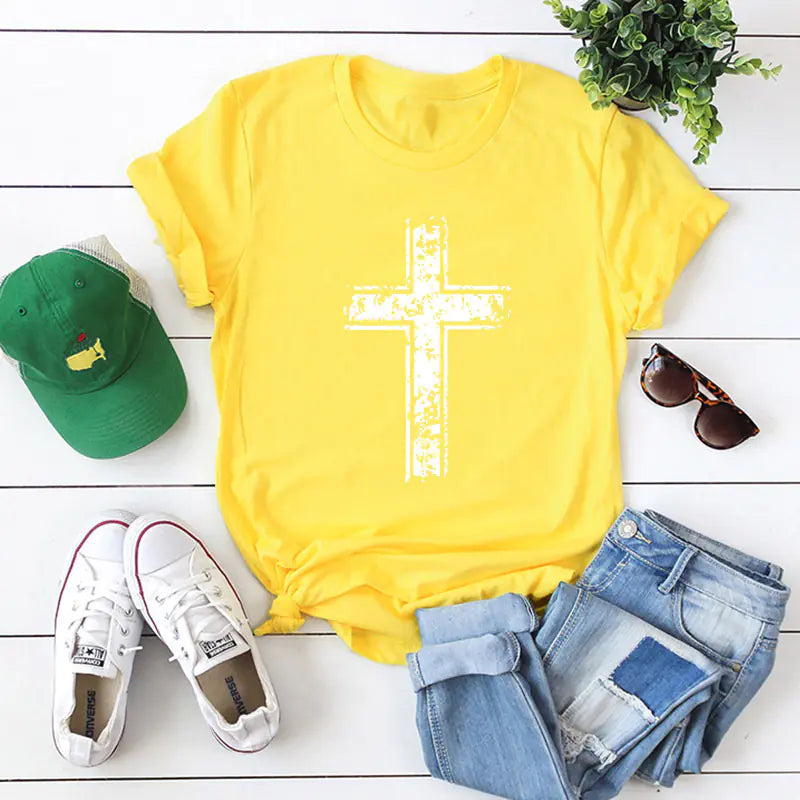 Fashionable Cotton Short Sleeve Women's T-Shirt with Cross