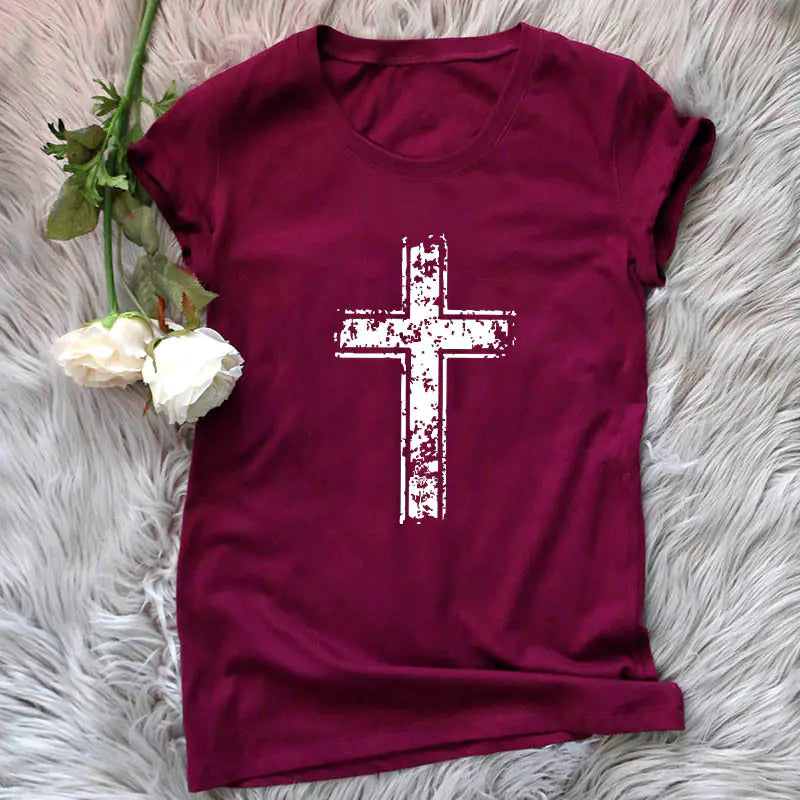 Fashionable Cotton Short Sleeve Women's T-Shirt with Cross