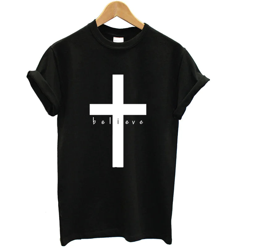 Cross T-Shirt with English Letters - "Believe"