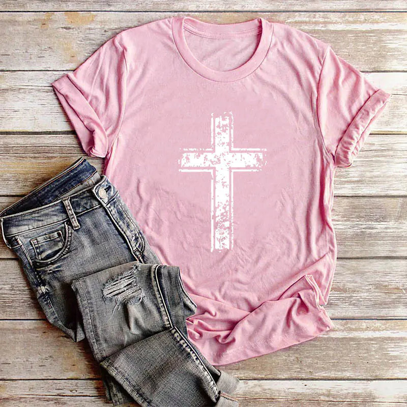 Fashionable Cotton Short Sleeve Women's T-Shirt with Cross