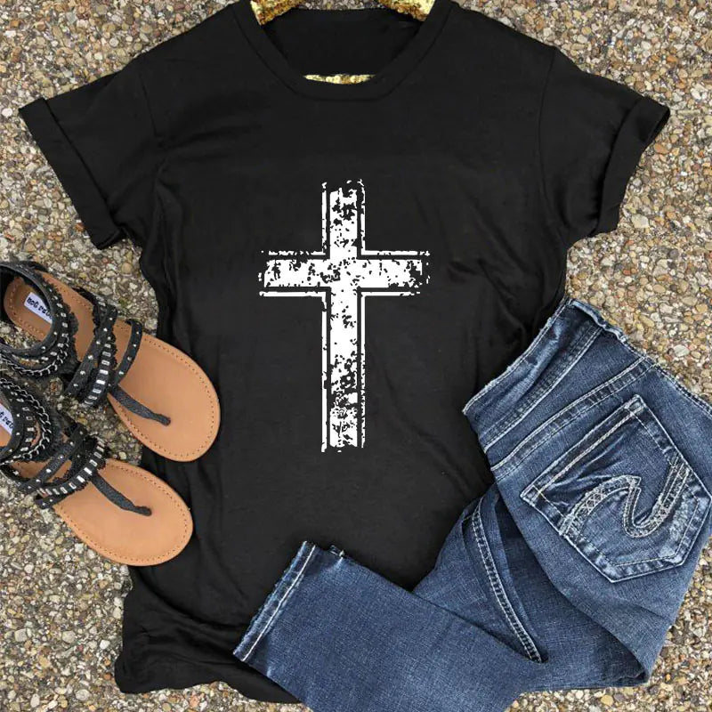 Fashionable Cotton Short Sleeve Women's T-Shirt with Cross