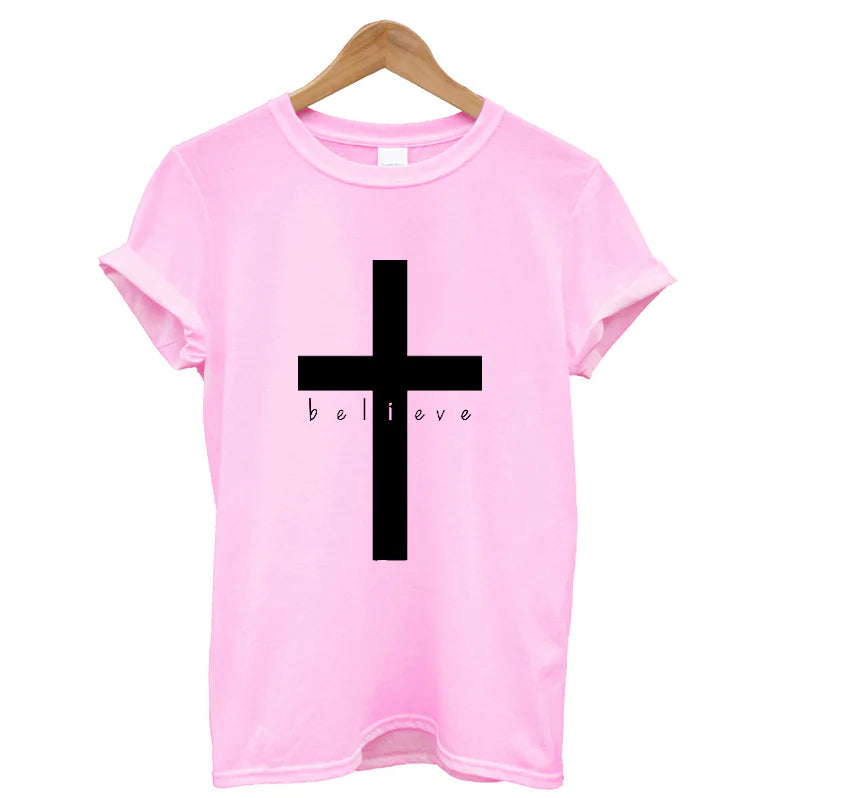 Cross T-Shirt with English Letters - "Believe"