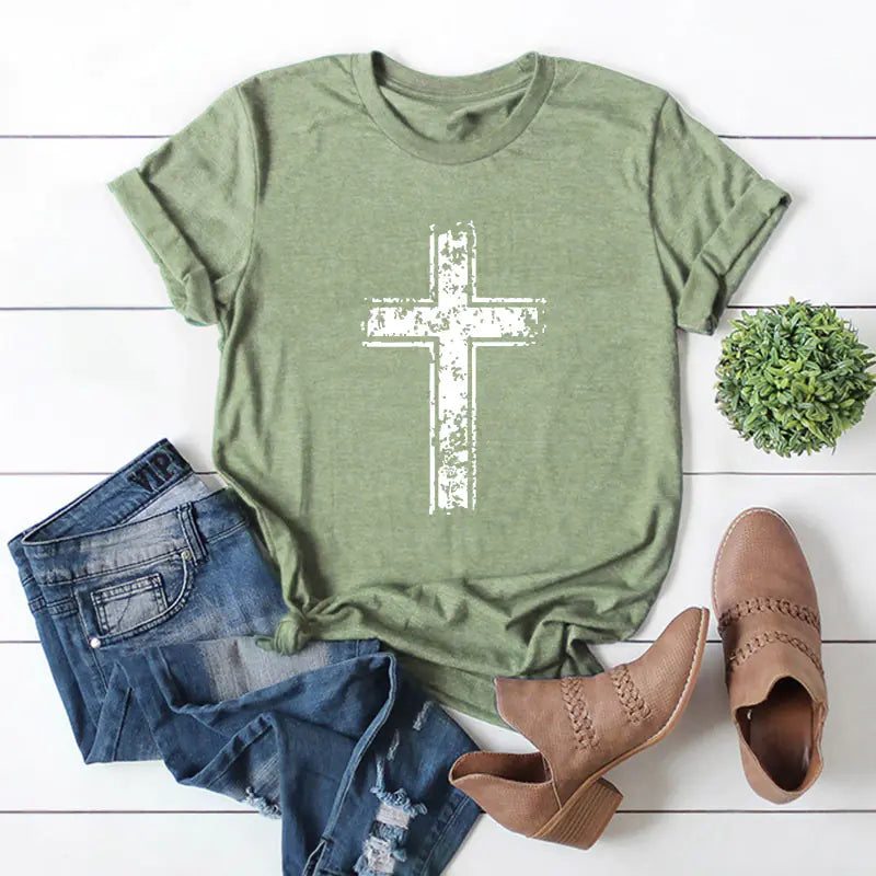 Fashionable Cotton Short Sleeve Women's T-Shirt with Cross