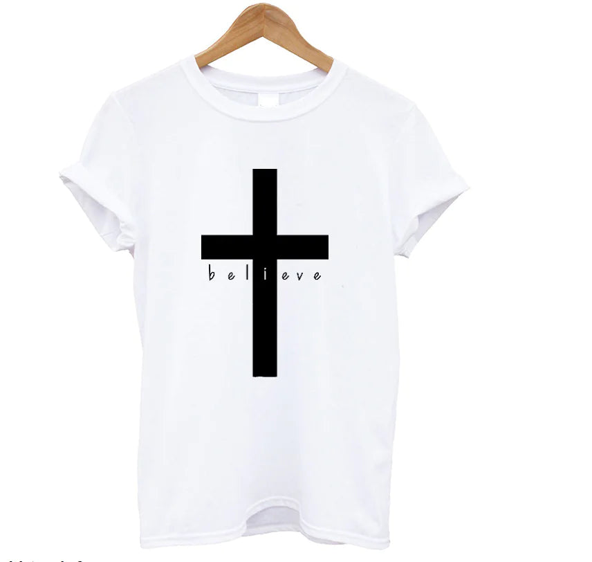 Cross T-Shirt with English Letters - "Believe"