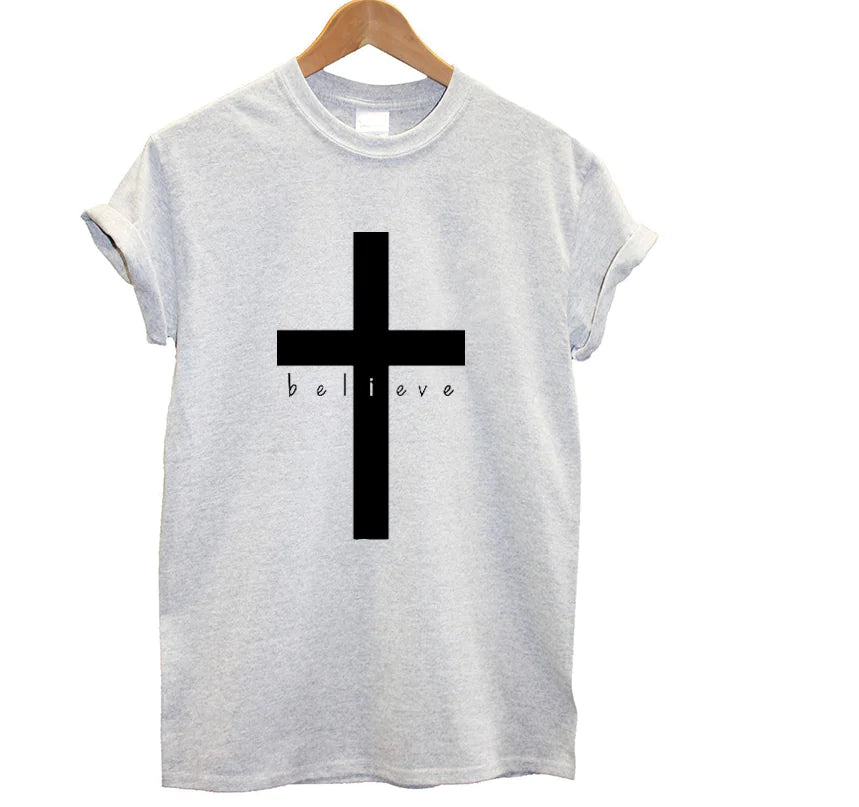Cross T-Shirt with English Letters - "Believe"