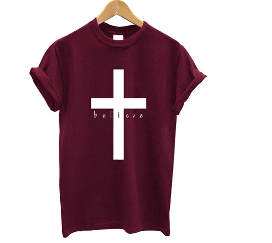 Cross T-Shirt with English Letters - "Believe"