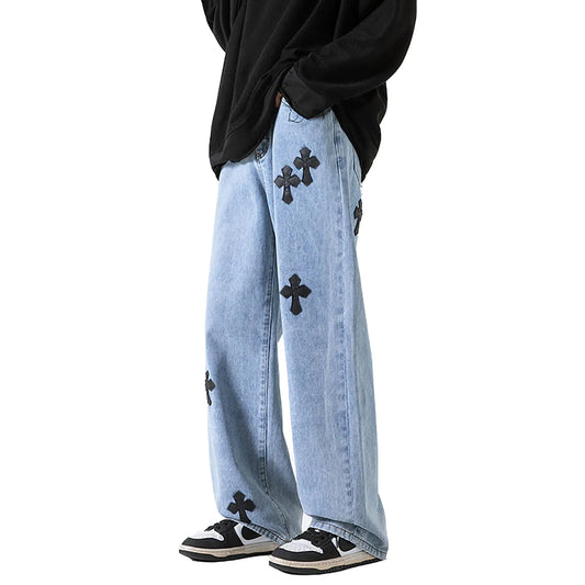 YADMISU Mens Baggy Wide Leg Jeans Hip-hop Cross Patch Loose Fit Straight Denim Pants Trendy Streetwear BlueXXL