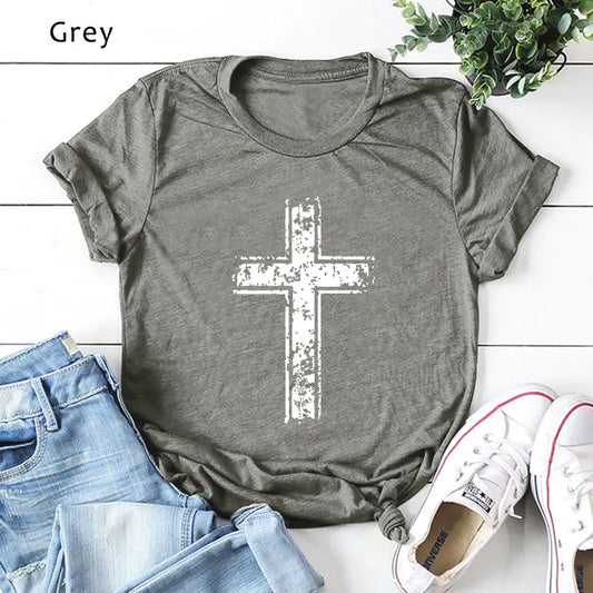 Fashionable Cotton Short Sleeve Women's T-Shirt with Cross