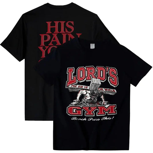 Generic Lord Gym Shirt Jesus His Pain Your Gain T-Shirt Christian Back Front Design Graphic Print Short Sleeve Tees (M) Black Medium