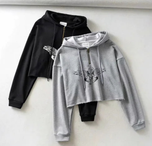 Angel Print Hoodie Polo Shirt for Women - Long Sleeve