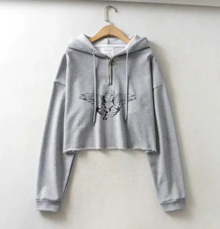 Angel Print Hoodie Polo Shirt for Women - Long Sleeve
